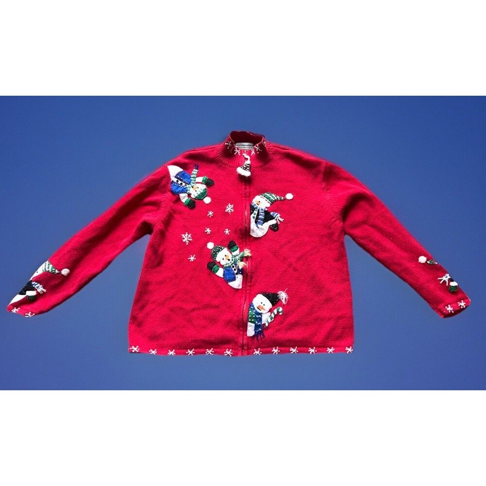 Womens Vintage Tiara International Snowman Christmas Sweater Ugly Sweater Zip L